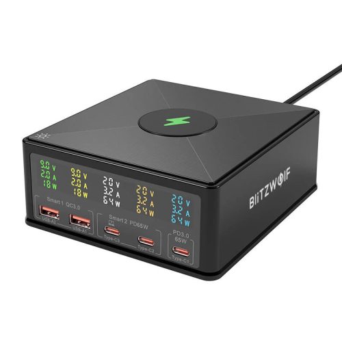 BlitzWolf® 868H 160-W-Desktop-USB-PD+QC3.0-Schnellladegerät, 3x Typ-C + 2x USB-A + kabelloser Qi-Ladeanschluss