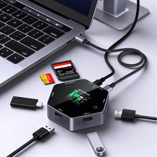 Blitzwolf BW-TH16 USB HUB-Dockingstation: LCD-Display, Typ C, USB 3.1 Typ C 3.1, HDMI 4K@60Hz, SD/TF-Kartensteckplätze, 100 W PD