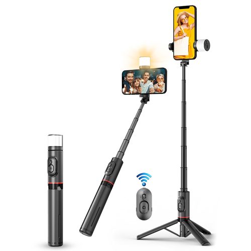 Q12s - Stativ und Selfie-Stick - abnehmbare Bluetooth-Fernbedienung | 750 mm lang | LED-Beleuchtung | stabiler Aluminiumschaft